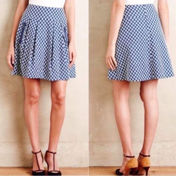 MAEVE by Anthropologie Mini Skirt Blue and White Pleated with Pockets Size 2 - Picture 1 of 13